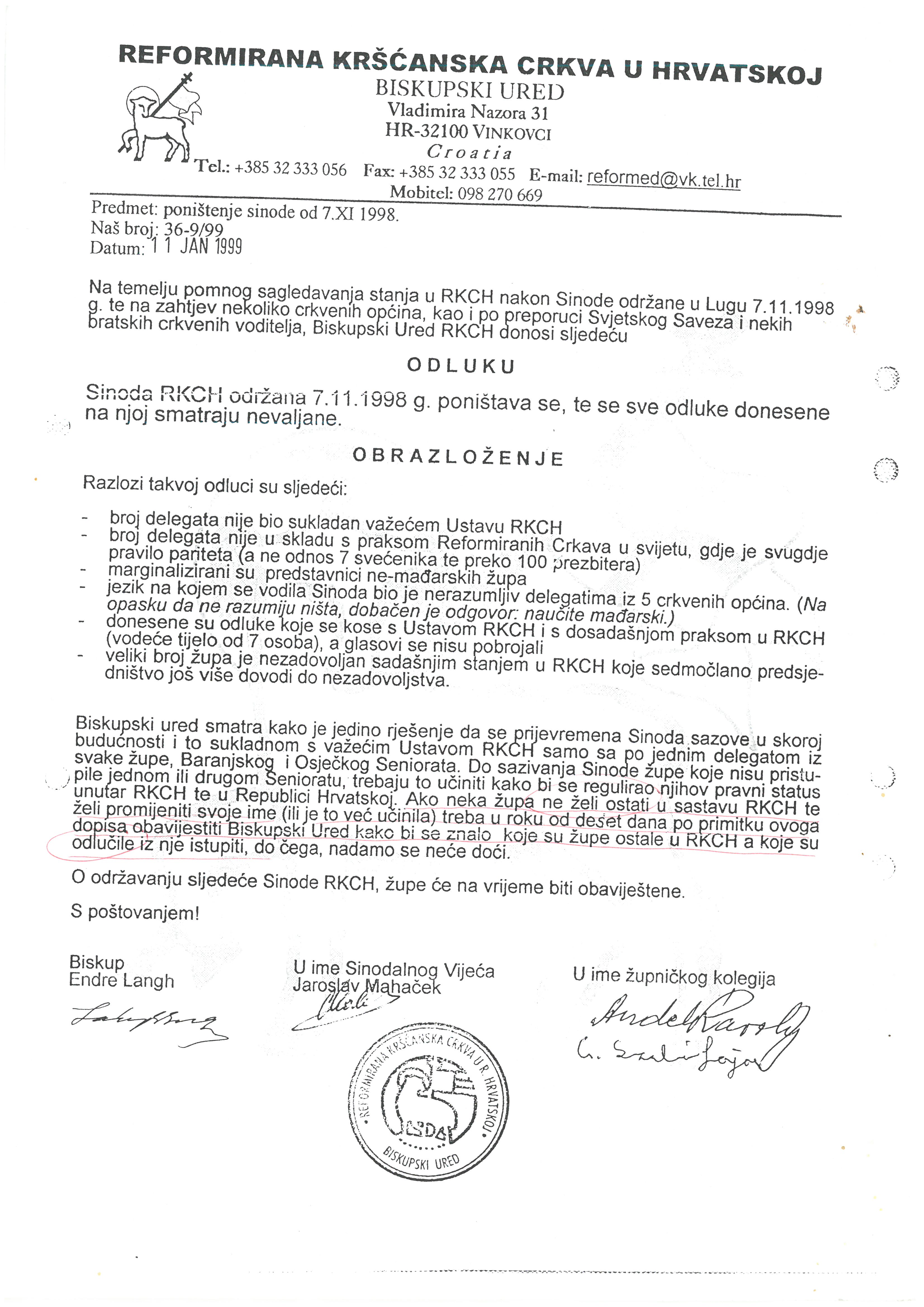 Endre Langh nelegalno poništava Sinodu