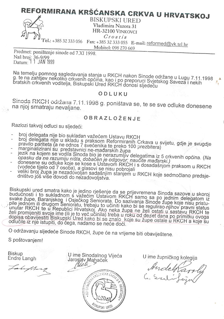 Reformirana kršćanska crkva u Hrvatskoj od Sinode u Lugu 1998. do raskola 1999.